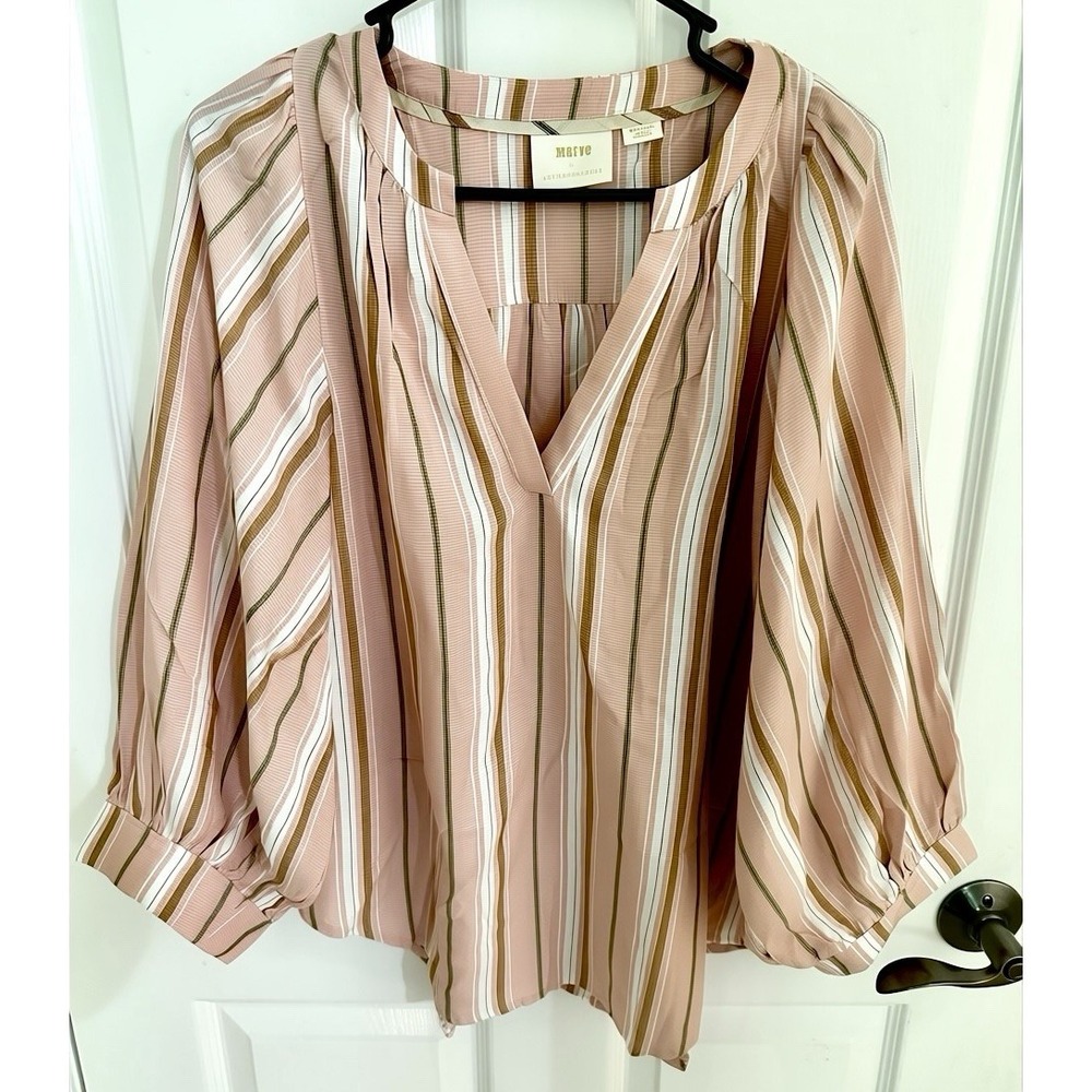 Maeve Anthropologie Brenda Top Blouse Shirt Balloon Sleeve Split Neck Size M L